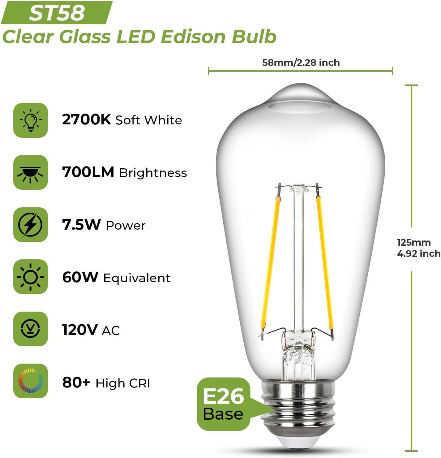 Sigalux Edison Light Bulbs 60 watt Equivalent, E26 LED Bulb Dimmable, Soft White 2700K, Clear Glass ST58 Vintage Light Bulb, 80+ CRI, 700LM, E26 Base, 6 Pack