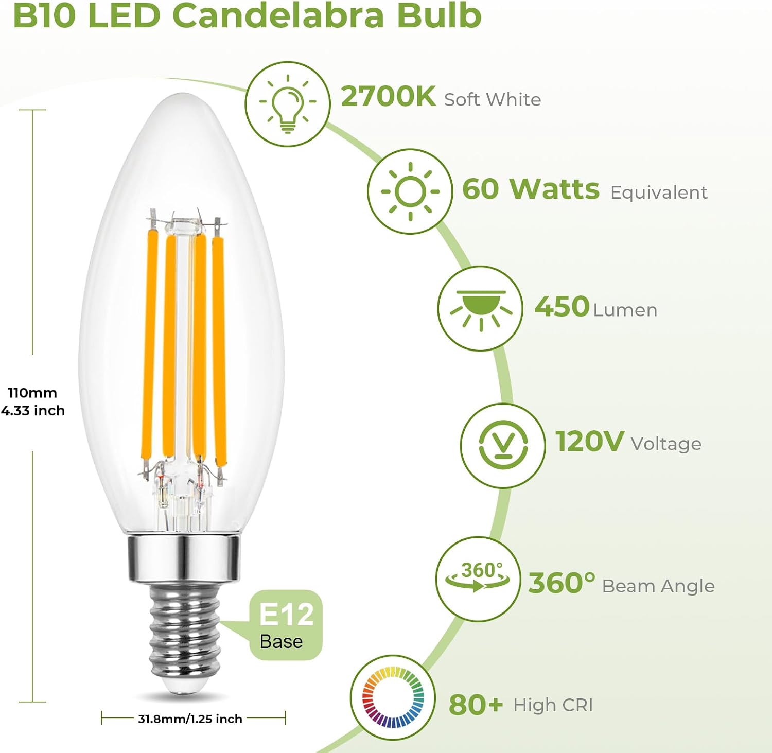 Sigalux Dimmable E12 Candelabra Light Bulbs, E12 LED Bulb 2700K Soft White, 60 Watt Equivalent, LED Chandelier Bulb, B10 Candle Bulb, 5W, 450LM,