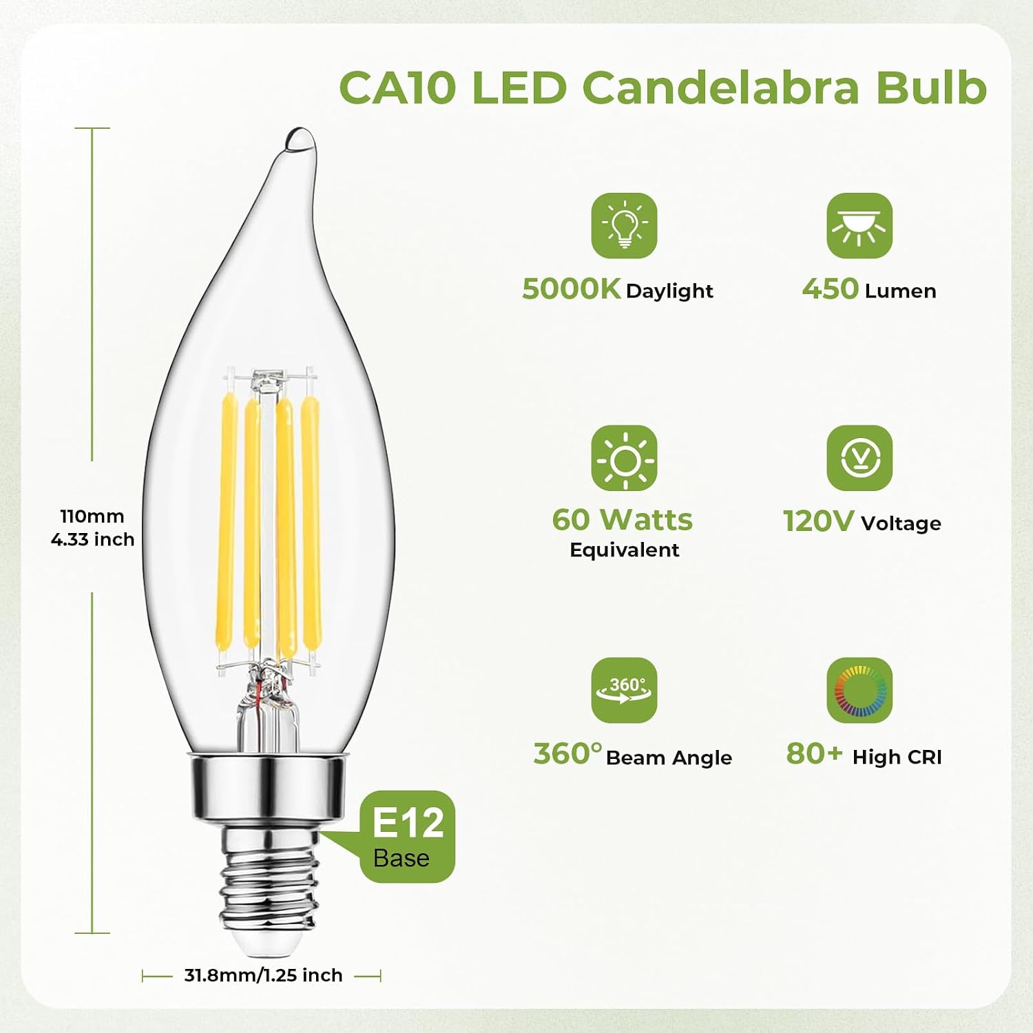 Sigalux E12 LED Candelabra Bulb 60 Watt Equivalent, Dimmable Chandelier Light Bulbs 5000K Daylight, CA10 Candle Bulbs for Chandelier, 5W, 450LM, 6 Pack