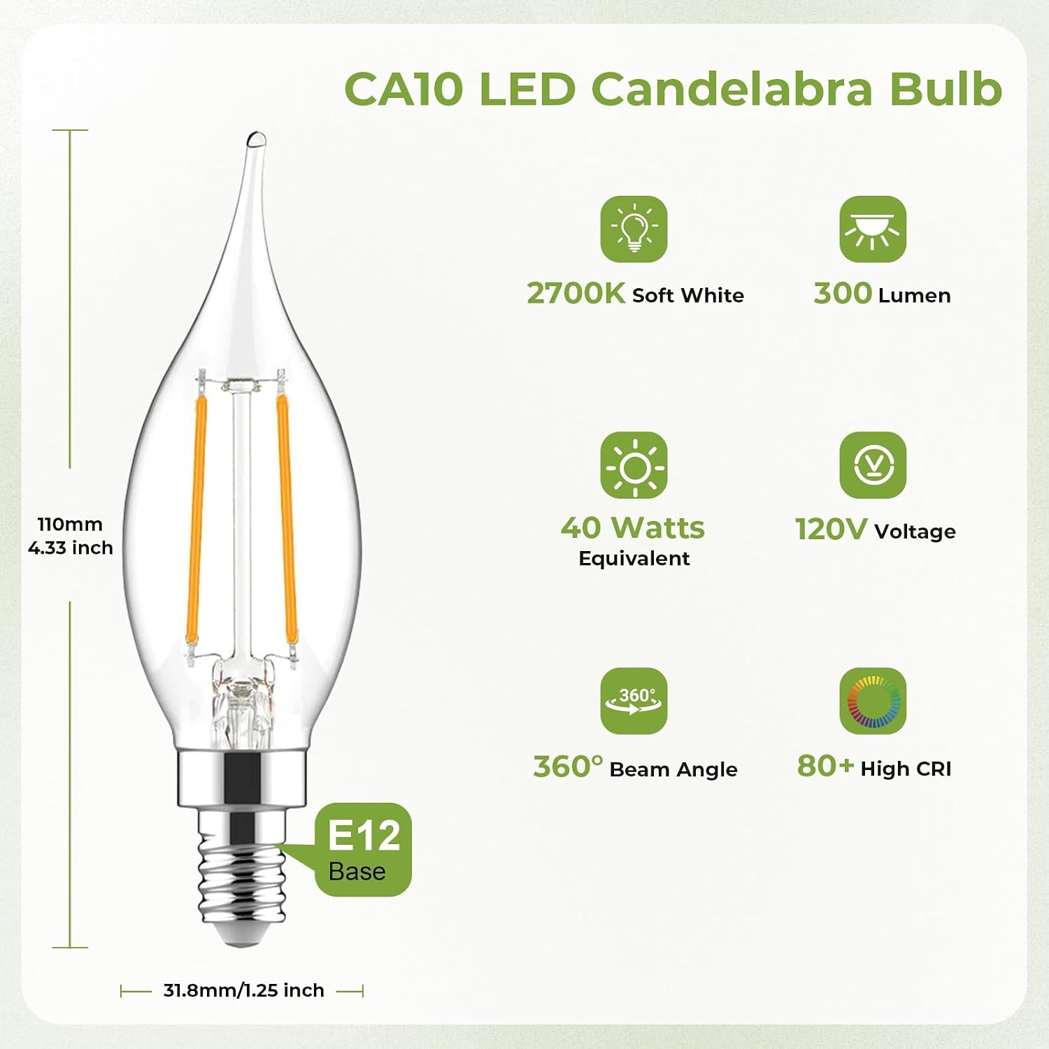 Sigalux E12 Candelabra Bulb 40 Watt Equivalent, Dimmable LED Chandelier Light Bulbs 2700K Soft White, CA10 Candle Shape E12 LED Bulb for Ceiling Fan, 3W 300LM, 12 Pack