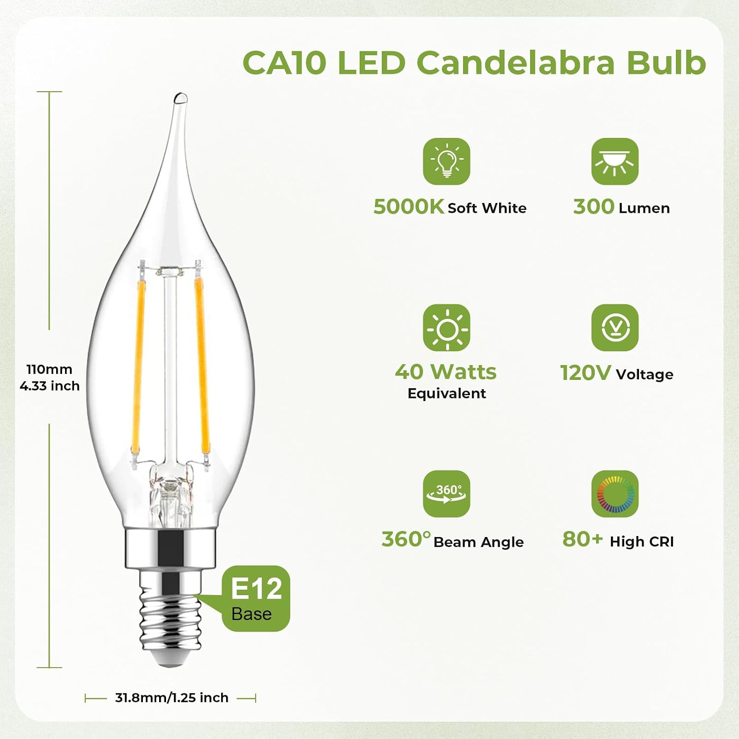 Sigalux E12 LED Candelabra Bulbs 6-Pack | 40W Equivalent, Dimmable, 5000K Daylight White, 300lm, CA10 Candle Shape for Chandelier & Ceiling Fan