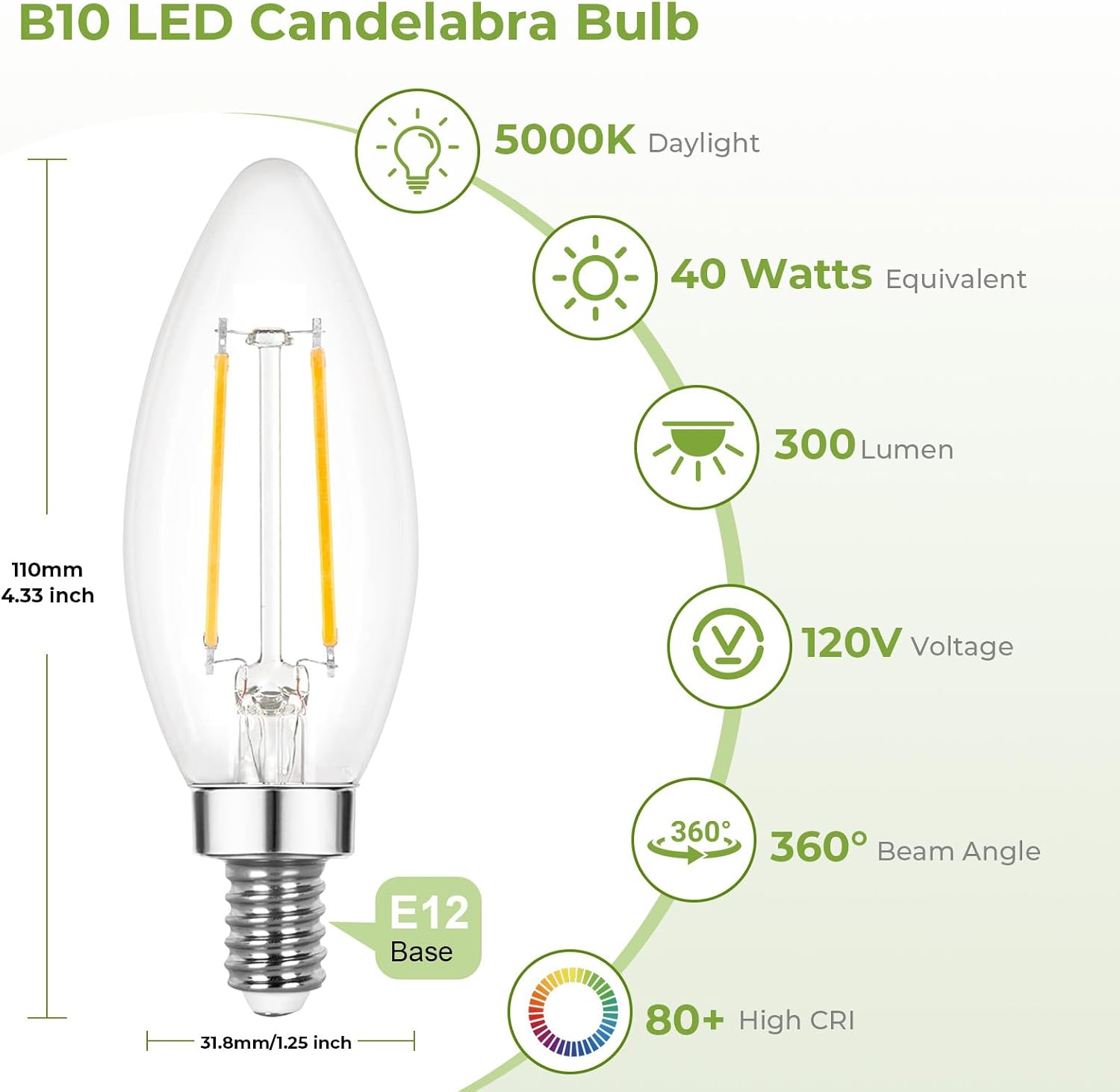 Sigalux Dimmable E12 LED Candle Bulbs for Chandelier, 40W Equivalent, 5000K Daylight White, 3W, 300LM, B10 Shape, 6-Pack