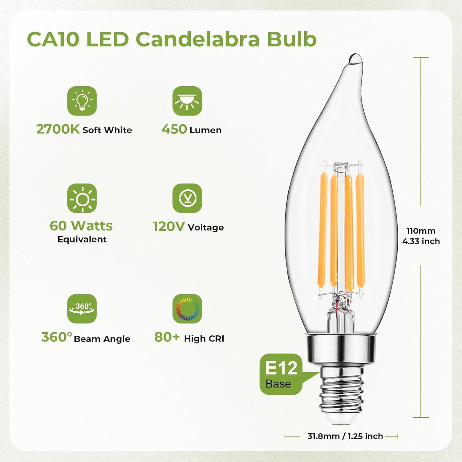 Sigalux E12 LED Bulb 60 Watt Equivalent, Dimmable Candelabra Bulb 2700K Soft White, Chandelier Light Bulbs, CA10 Candle Bulbs for Chandelier, 5W, 450LM, 6 Pack