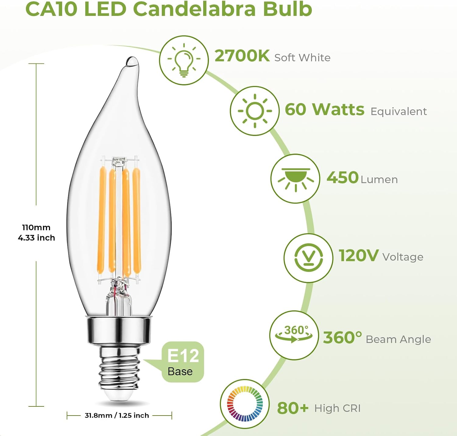 Sigalux E12 LED Bulb Dimmable, 60 Watt Equivalent Candelabra Bulb 2700K Soft White, Chandelier Light Bulbs, CA10 Candle Bulbs for Chandelier, 5W, 450LM, 24 Pack