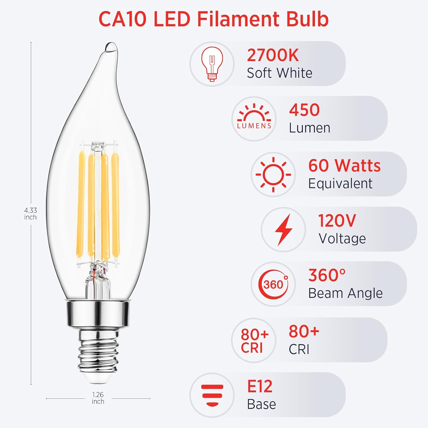 Sengled E12 Candelabra LED Bulbs Dimmable, 60W Equivalent CA10 Chandelier Light Bulbs, 2700K Soft White Candle Bulbs for Chandeliers, Ceiling Fan, Pendant Light, 6 Pack
