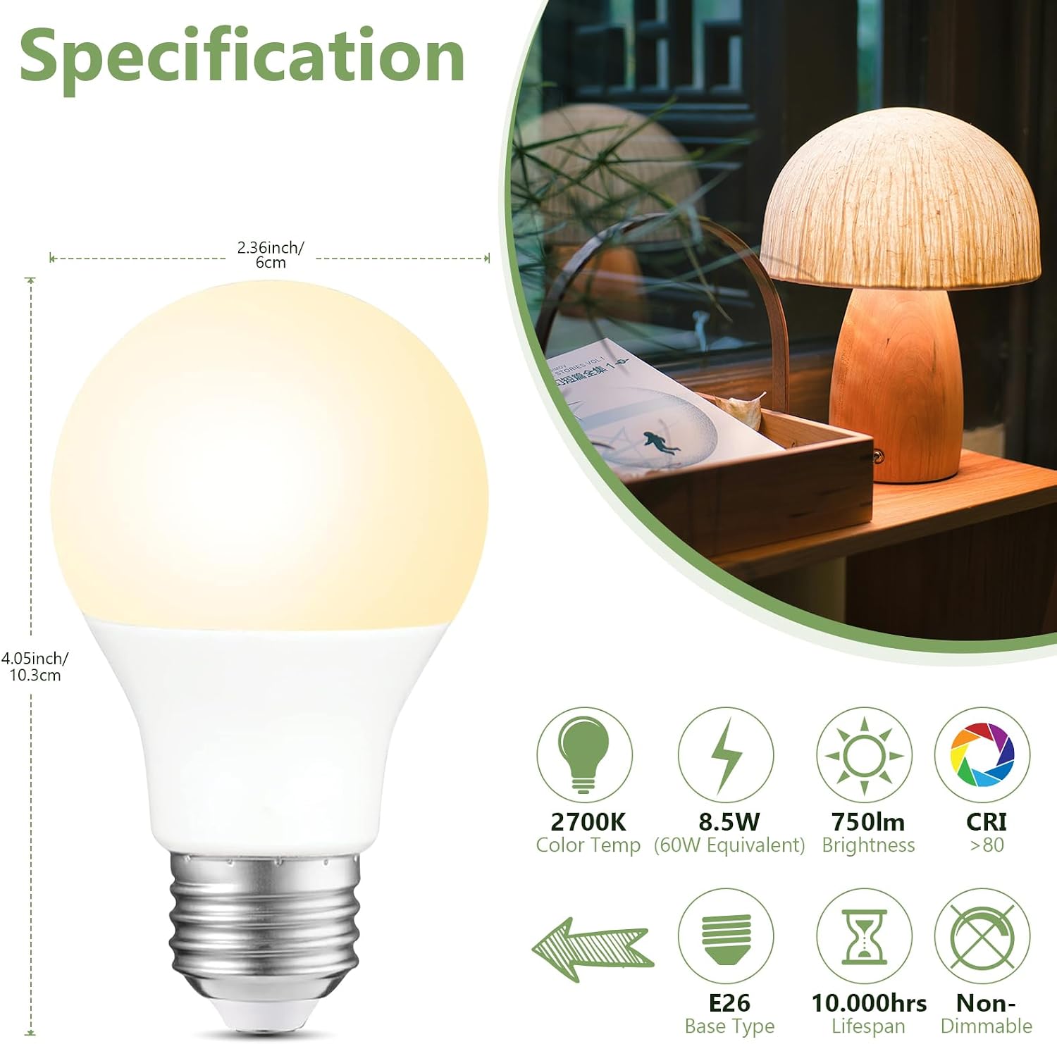 A19 LED Light Bulbs, 60W Equivalent Soft White 2700K, 750 Lumens Non-Dimmable LED Bulbs, Efficient 8.5W, 10000 Hours Long-Lasting E26 Base Standard Bulbs for Bedroom Living Room Kitchen, 10 Pack