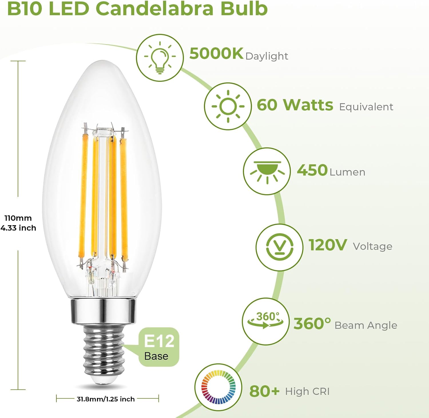 Sigalux Dimmable LED Candelabra Bulb 60W Equivalent, E12 LED Light Bulbs 5000K Daylight White, B10 Candle Bulb for Chandelier, 5W, 450LM, 6 Pack