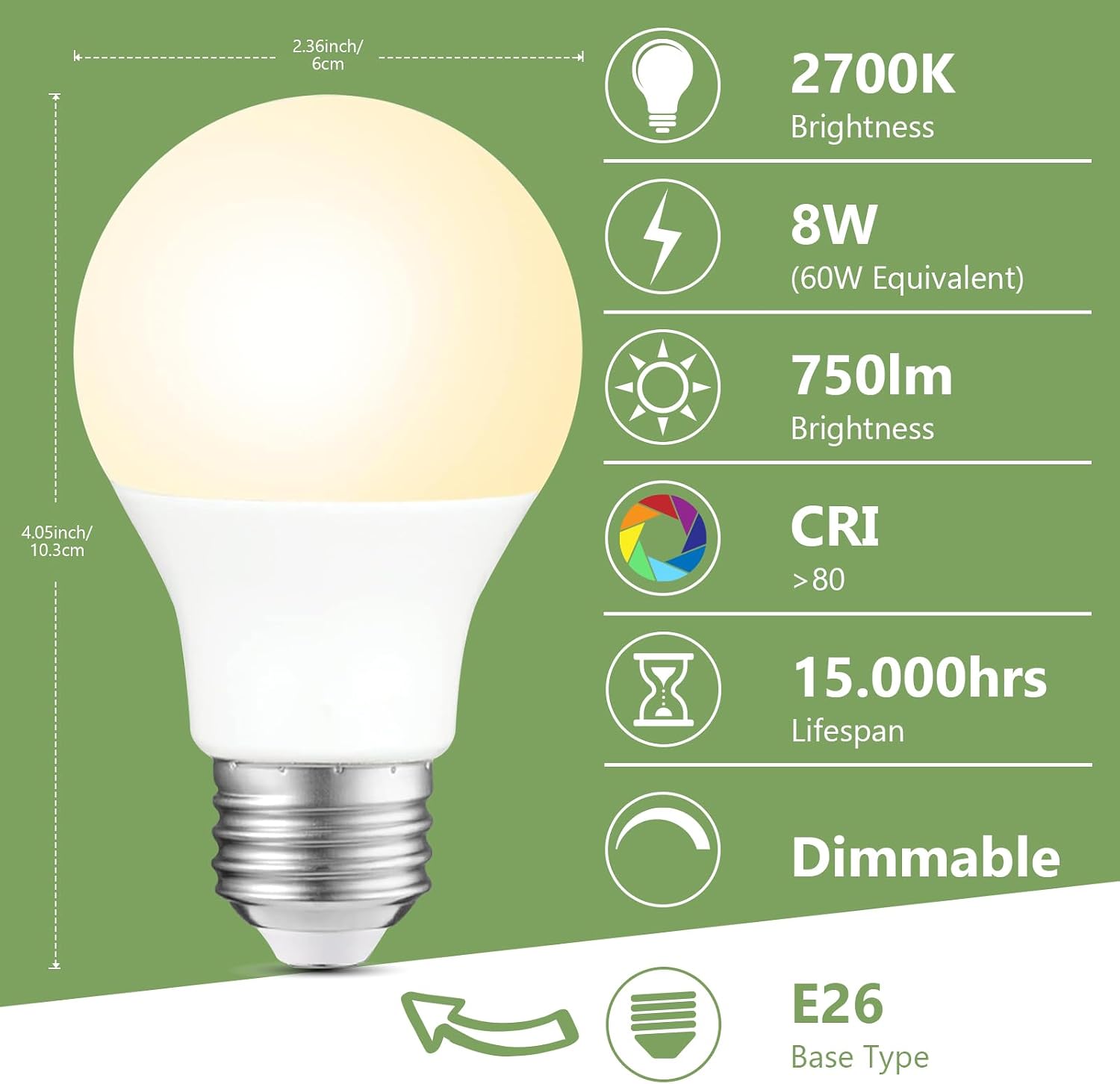 Sigalux A19 LED Light Bulbs Dimmable, 60W Equivalent, 2700K Soft White, 750 Lumen, 8W LED Bulb, Long-Lasting 15,000 Hours, CRI 80+ E26 Base Bulbs for Home Lighting, 12 Pack