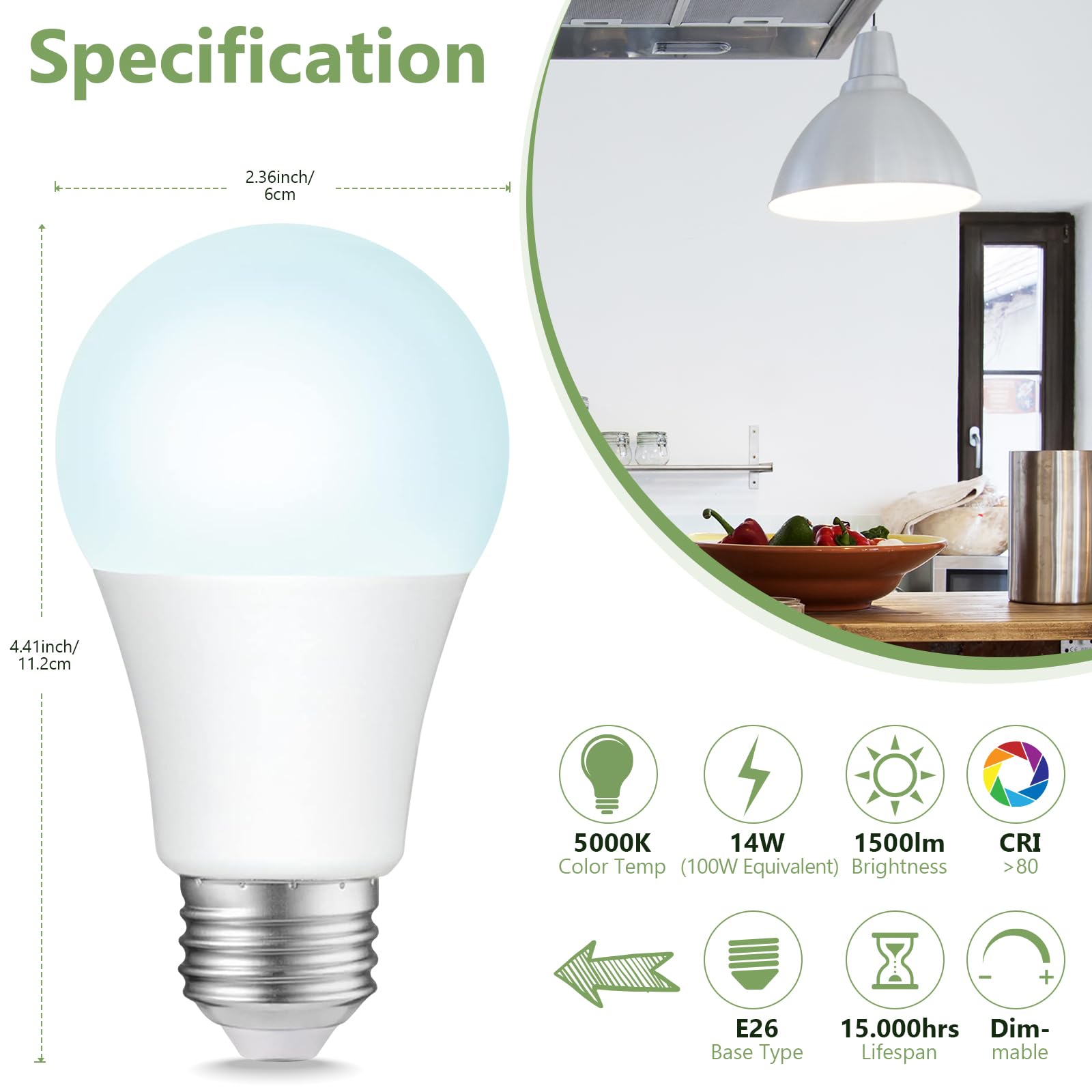 Sigalux A19 100W Equivalent LED Bulbs,Daylight 5000K 1500LM, Dimmable E26 Base LED Light Bulbs, Energy Efficient 14W, 15000 Hour Lifespan for Home Lighting, 4 Pack