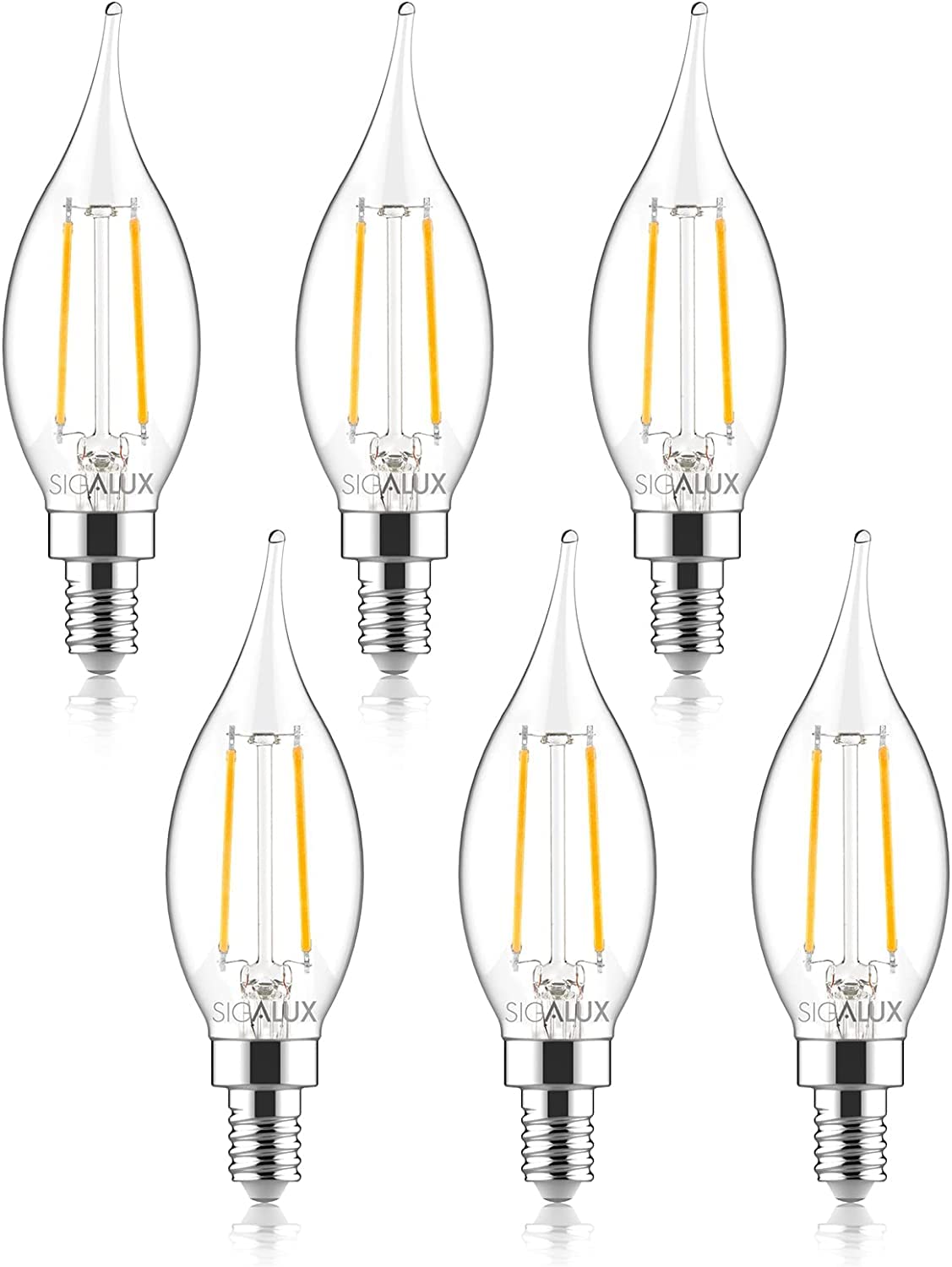Sigalux Candelabra LED Light Bulbs Dimmable, E12 40 Watt Chandelier,5000K Daylight,300LM CA10 Flame Tip Candle for Chandeliers, Ceiling Fan, Pendant, 6 Pack